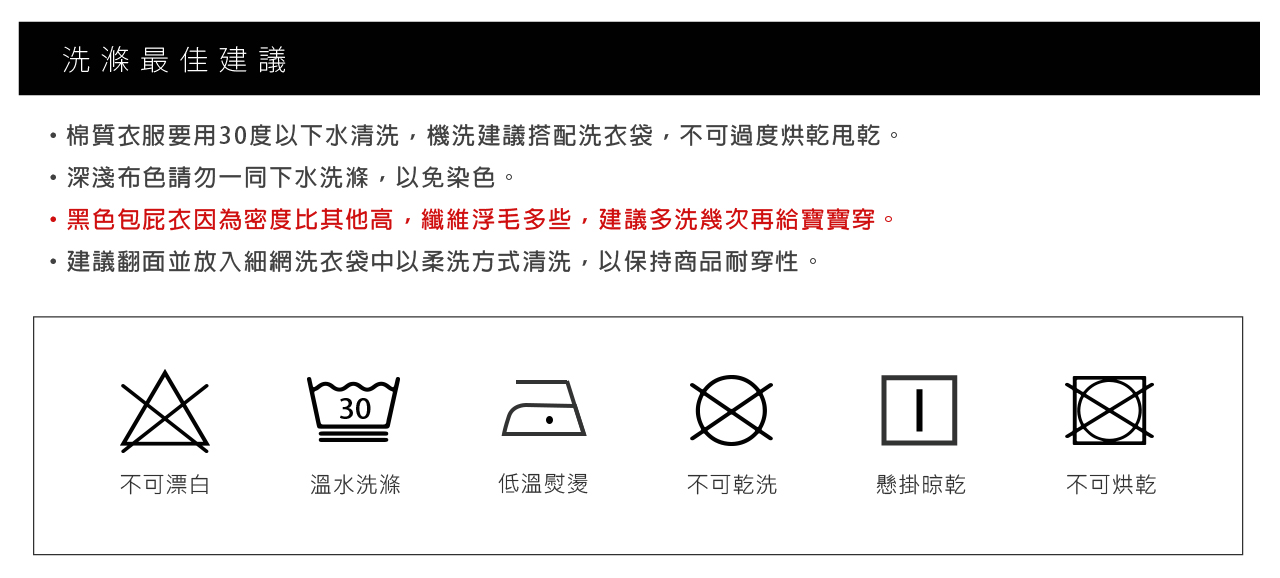 洗滌最佳建議： ·棉質衣服要用30度以下水清洗，機洗建議搭配洗衣袋，不可過度烘乾甩乾。 ·深淺布色請勿一同下水洗滌，以免染色。 ·黑色包屁衣因為密度比其他高，纖維浮毛多些，建議多洗幾次再給寶寶穿。 ·建議翻面並放入細網洗衣袋中以柔洗方式清洗，以保持商品耐穿性。