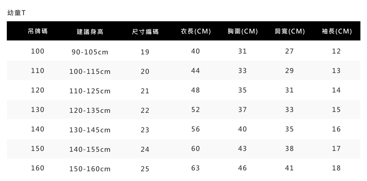 幼童T尺寸表